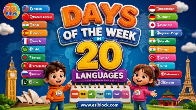 Colorful 3D CGI feature image showing the Days of the Week in 20 Languages with cartoon children, world landmarks, a weekly calendar, the ESL Block logo, and the website www.eslblock.com.