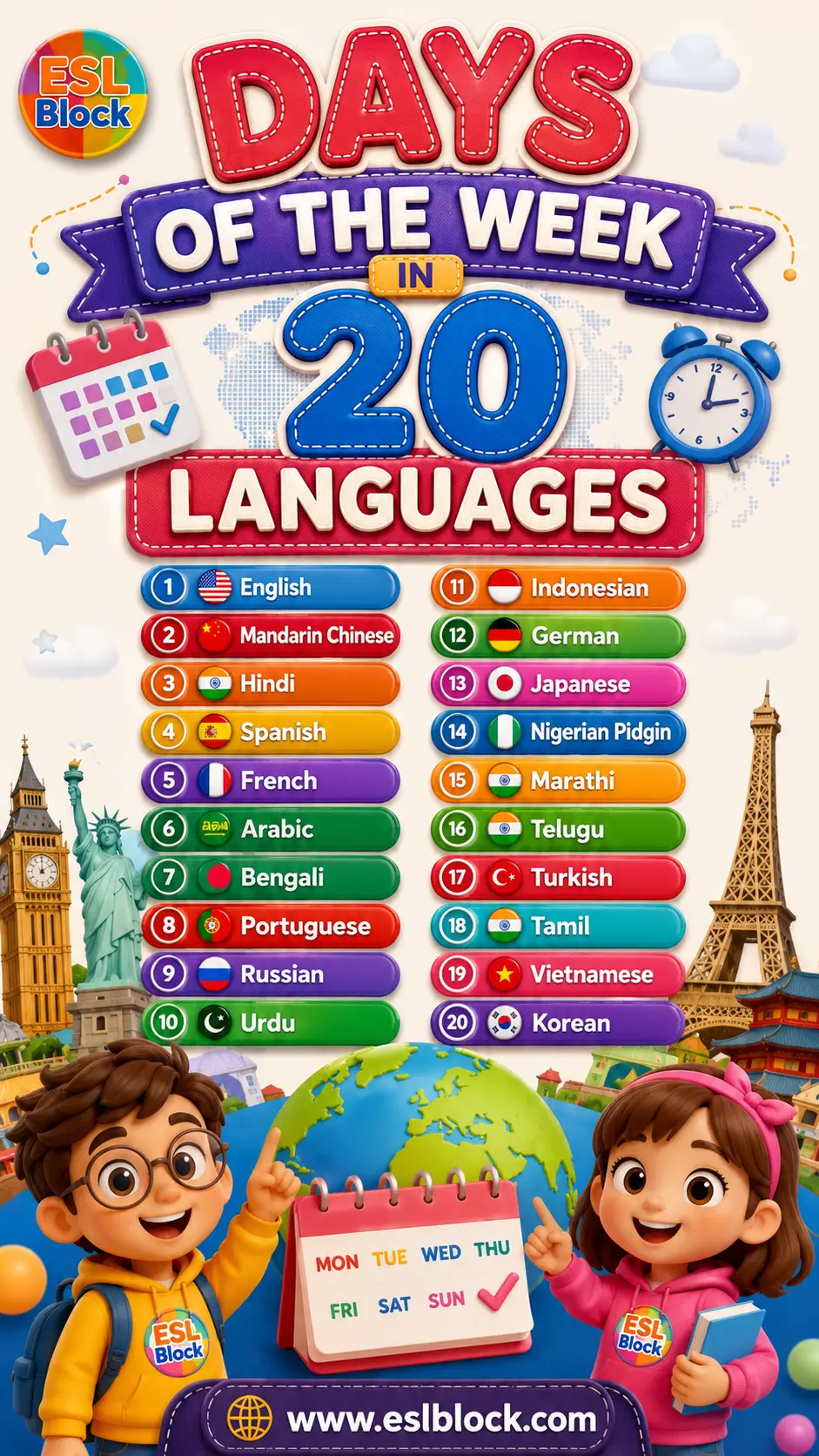 Bright Pinterest pin featuring Days of the Week in 20 Languages with colorful 3D stitched text, a list of 20 languages, cartoon kids, calendars, landmarks, the ESL Block logo, and www.eslblock.com.