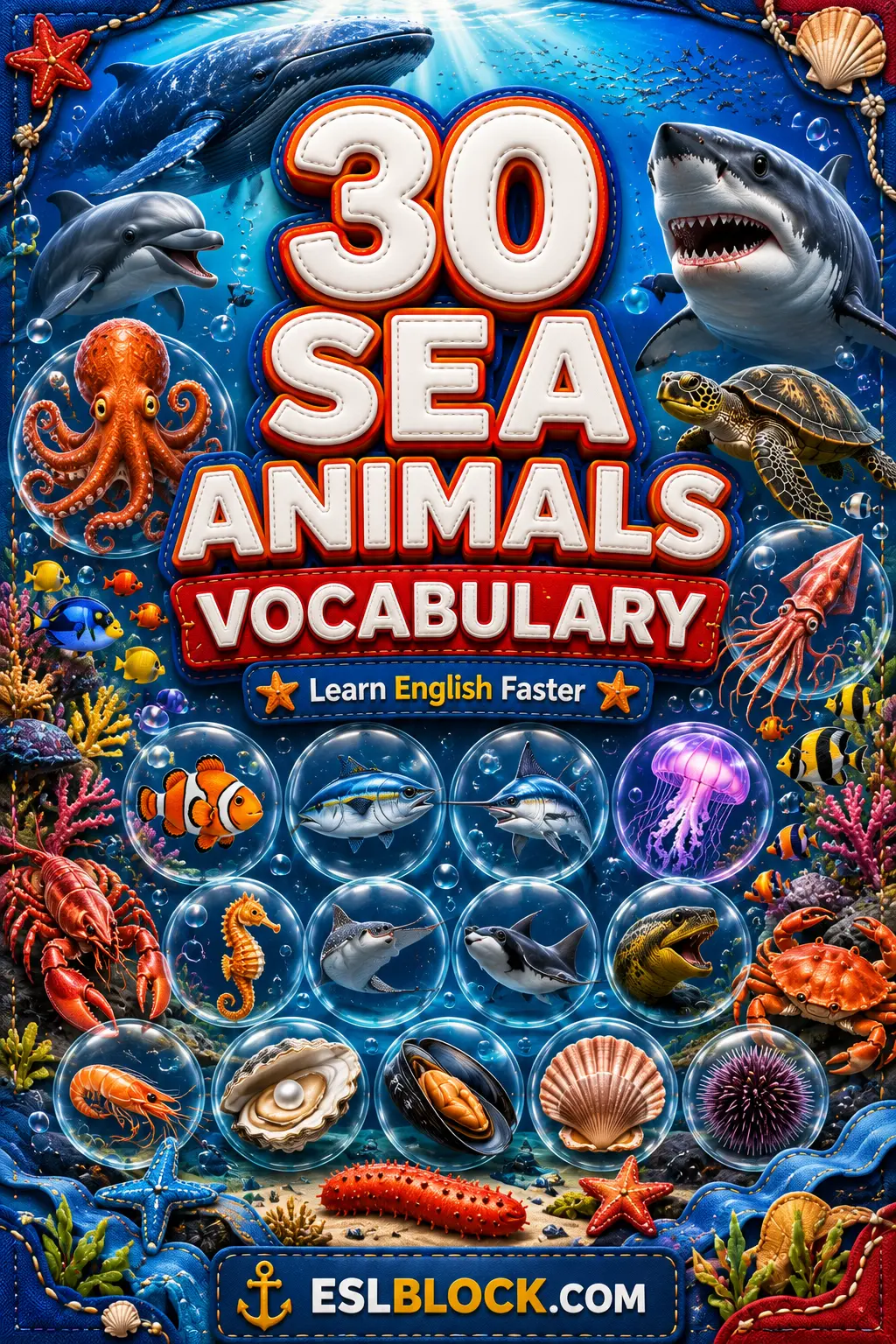 A visual reference chart highlighting 30 common sea animals for English vocabulary learners.
