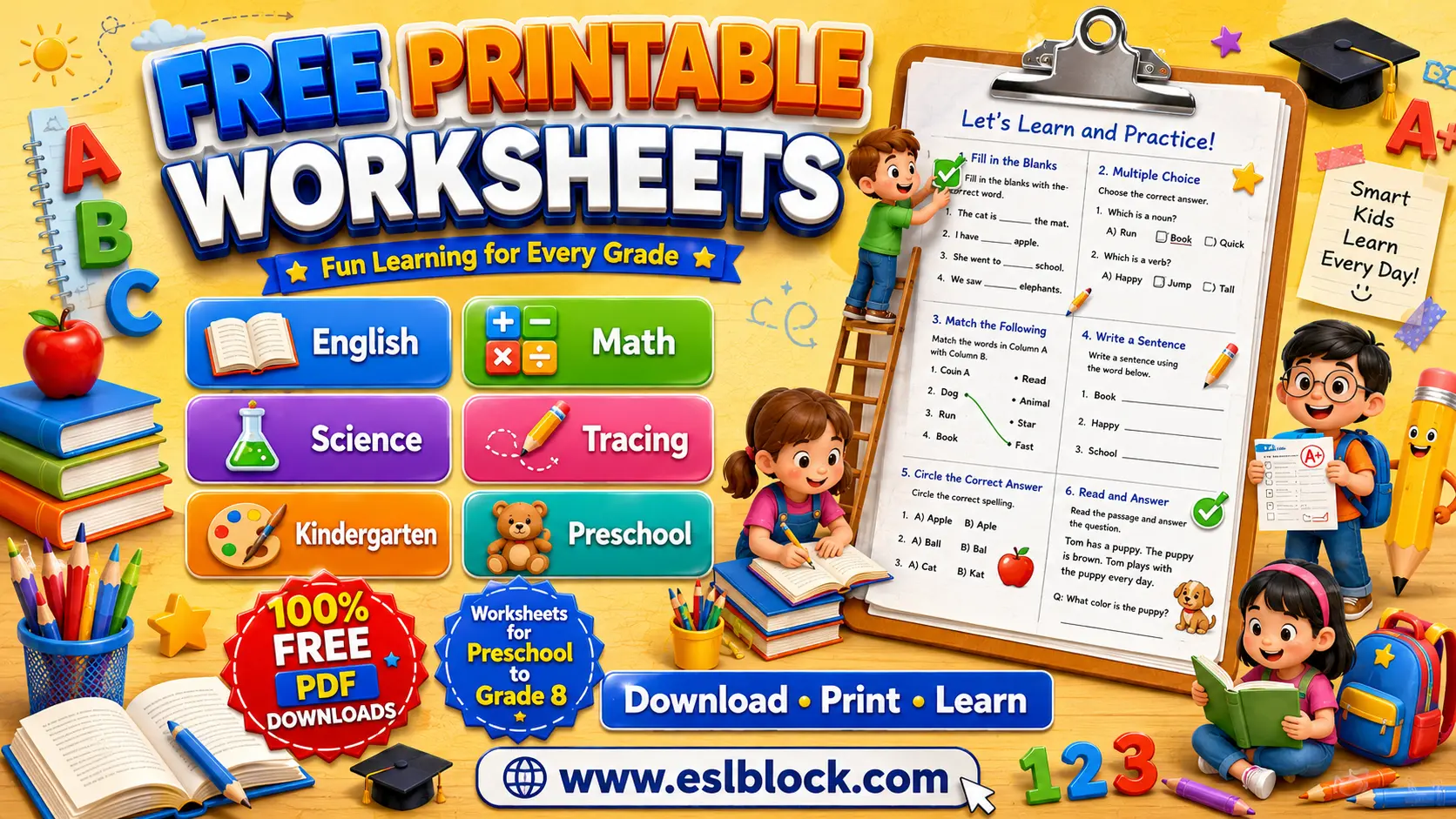 Colorful educational banner featuring free printable worksheets for English, Math, Science, Tracing, Kindergarten, and Preschool with printable learning activities.