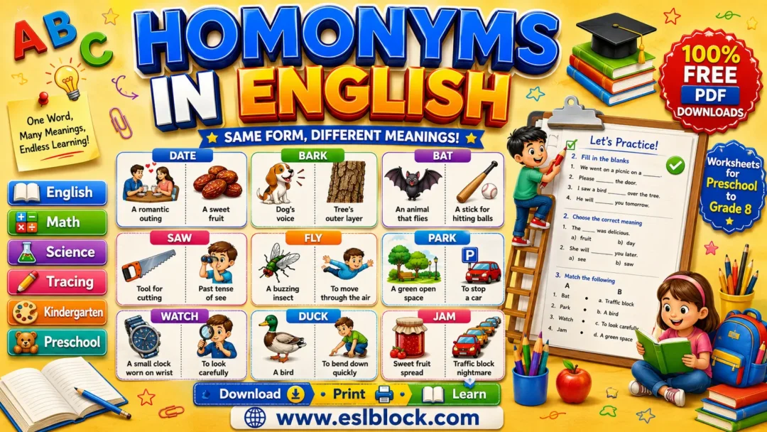 Homonyms in English infographic featuring Date, Bark, Bat, Saw, Fly, Park, Watch, Duck, and Jam with simple meanings and pictures.