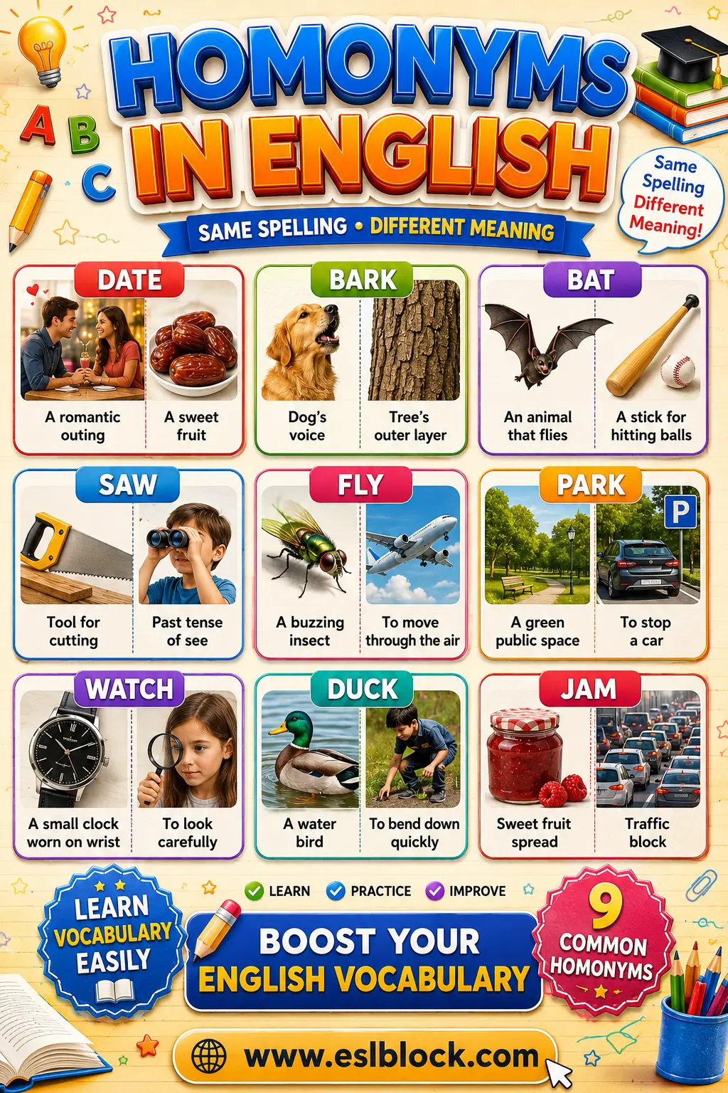 Homonyms in English vocabulary chart with Date, Bark, Bat, Fly, Park, Watch, Duck, and Jam explained using colorful illustrations.