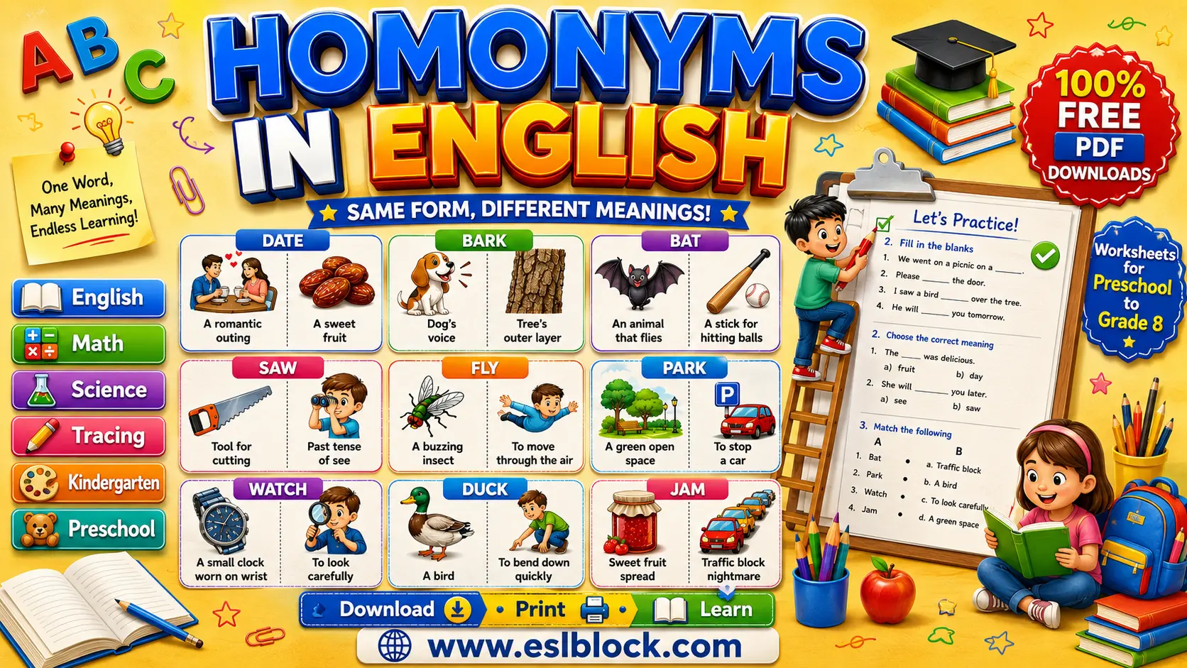 Homonyms in English infographic featuring Date, Bark, Bat, Saw, Fly, Park, Watch, Duck, and Jam with simple meanings and pictures.