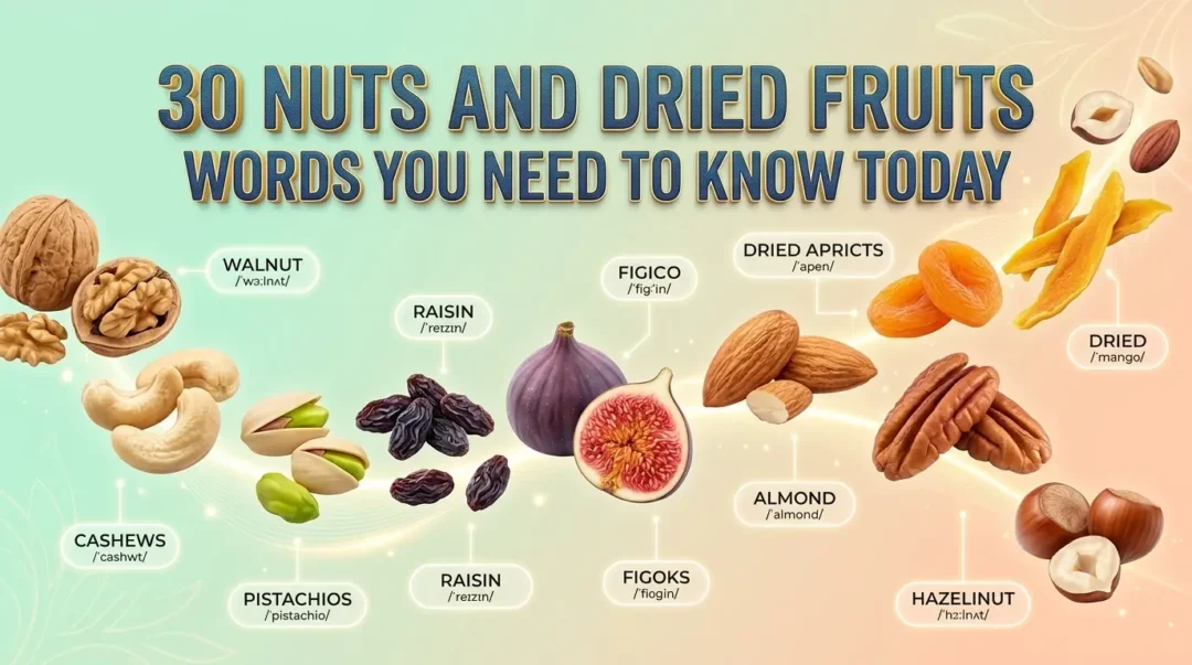 Infographic showing 30 nuts and dried fruits including almond, cashew, raisin, and fig arranged in a colorful grid layout.