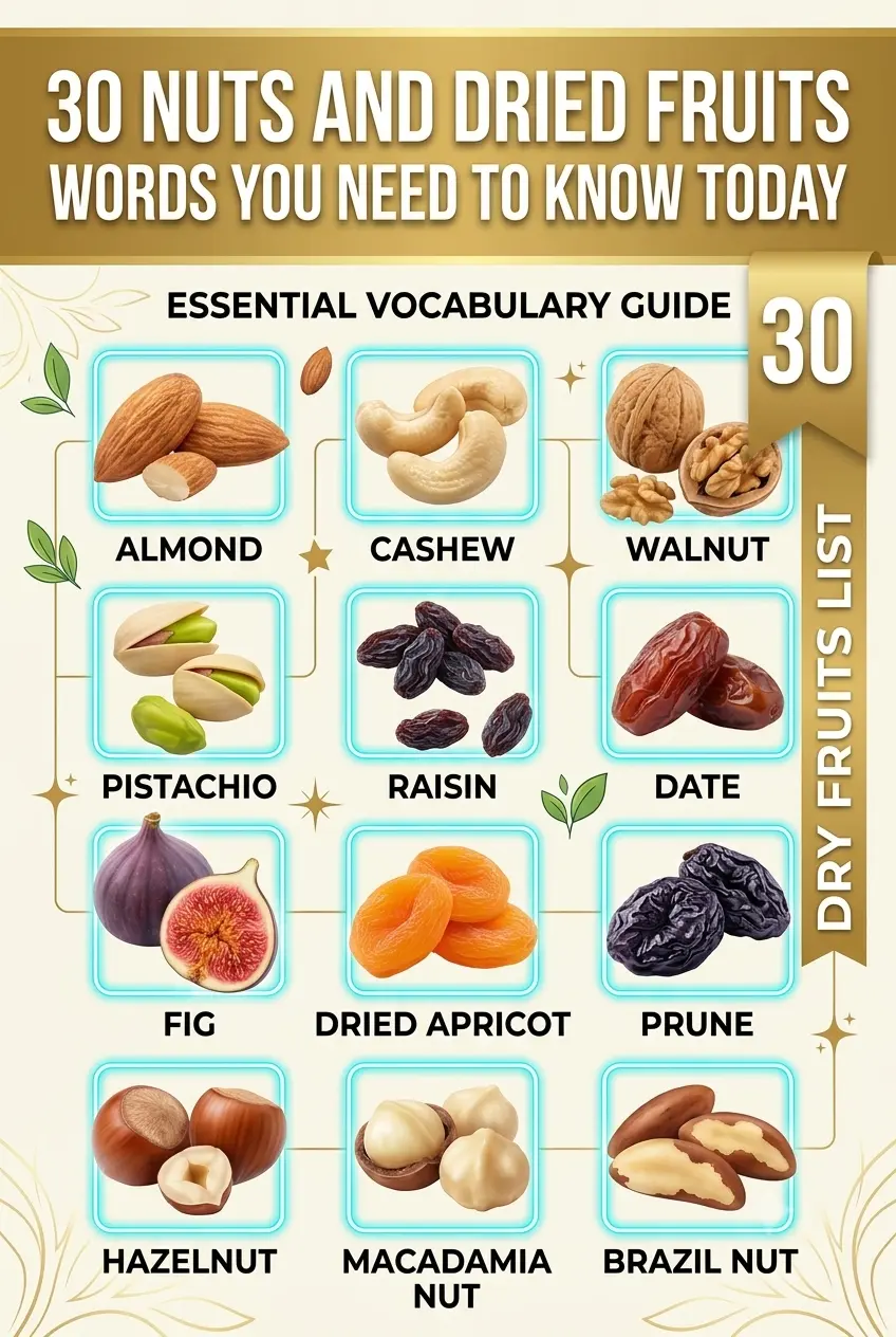 A visual reference chart highlighting 30 common nuts and dried fruits for English vocabulary learners.