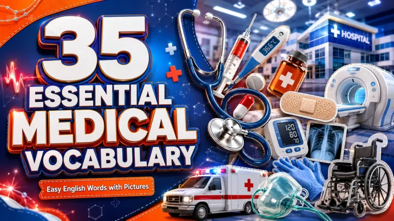 A visual reference chart highlighting 35 common medical vocabulary words for English learners.