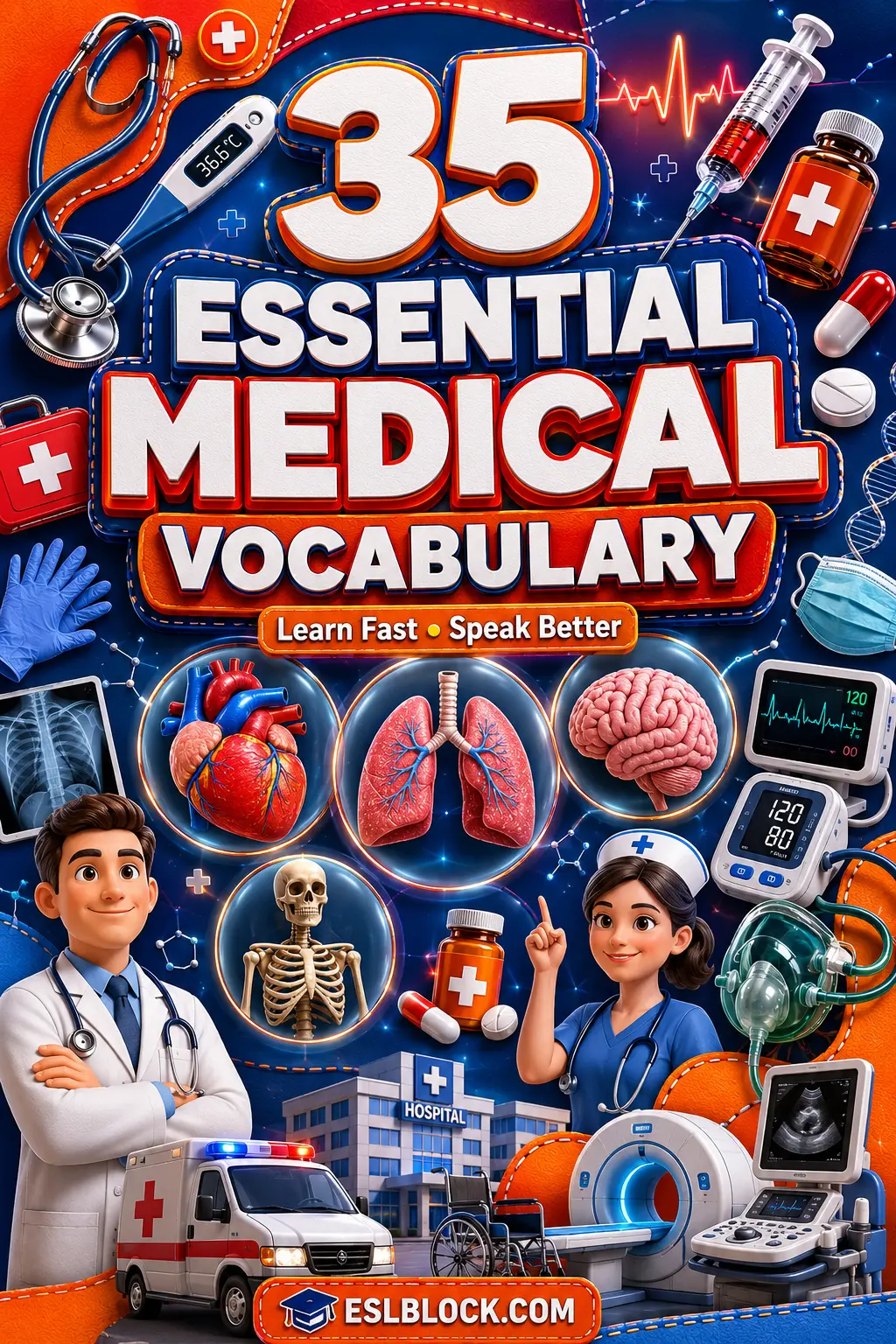 Infographic showing 35 medical vocabulary words including stethoscope, thermometer, nurse, and hospital arranged in a colorful grid.
