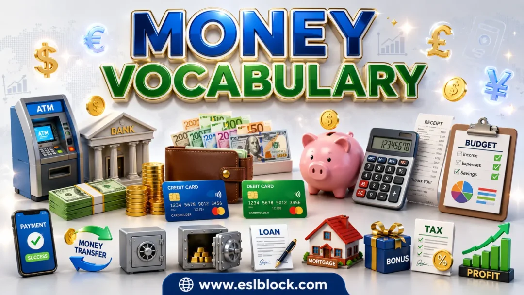 Money vocabulary infographic featuring cash, coins, banknotes, wallet, ATM, credit card, debit card, loan, budget, and mortgage.