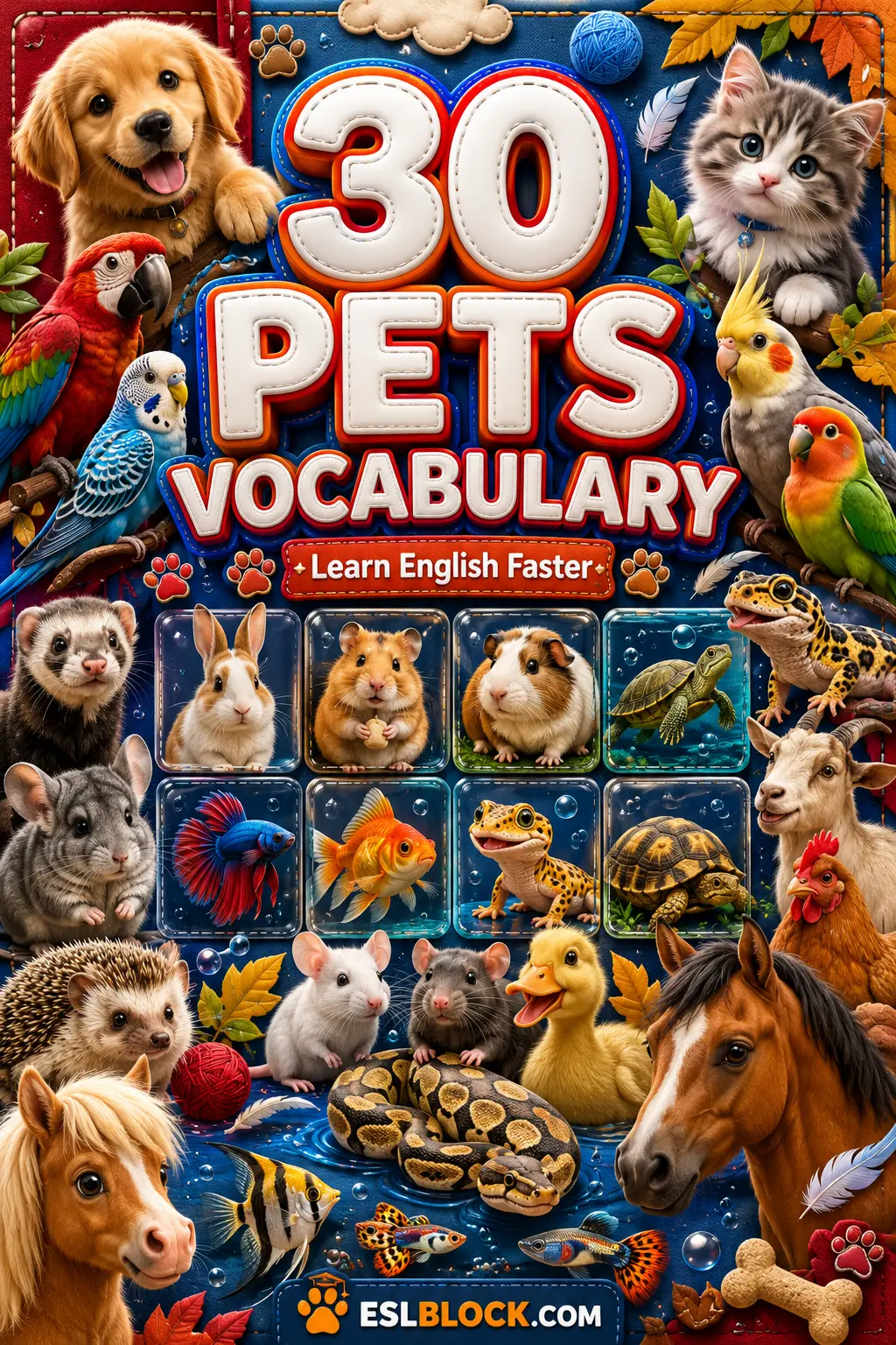 30 Pets Vocabulary in English with colorful pet illustrations.