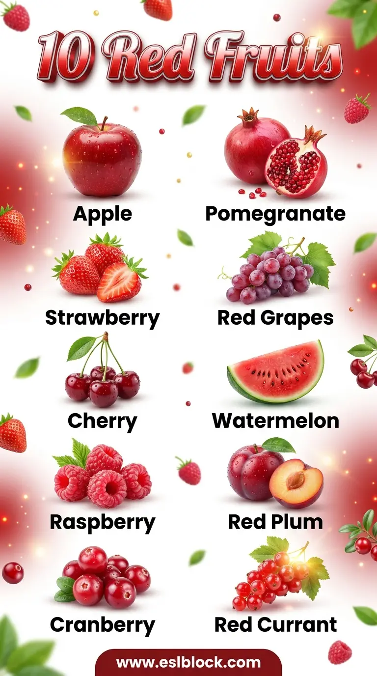 10 red fruits vocabulary chart with apple, strawberry, cherry, raspberry, pomegranate, and watermelon illustrations.