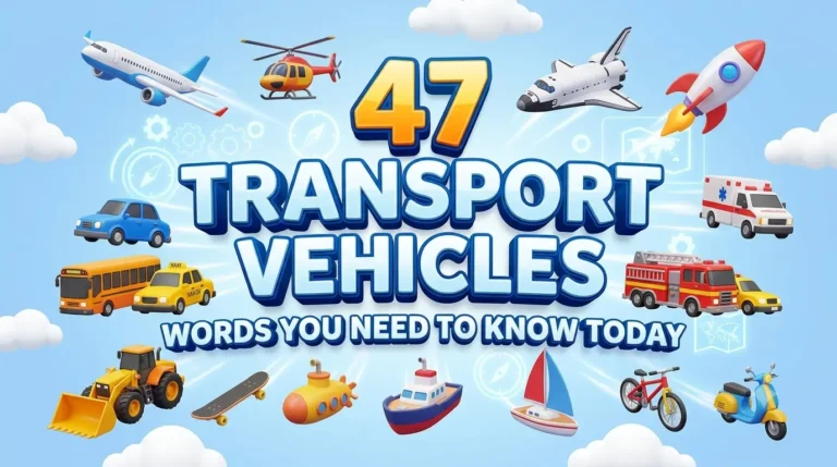 Infographic showing 47 transport vehicles including a car, bus, airplane, and submarine arranged in a colorful grid.