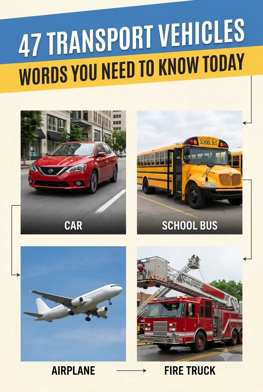 A visual reference chart highlighting 47 common transport vehicles for English vocabulary learners.