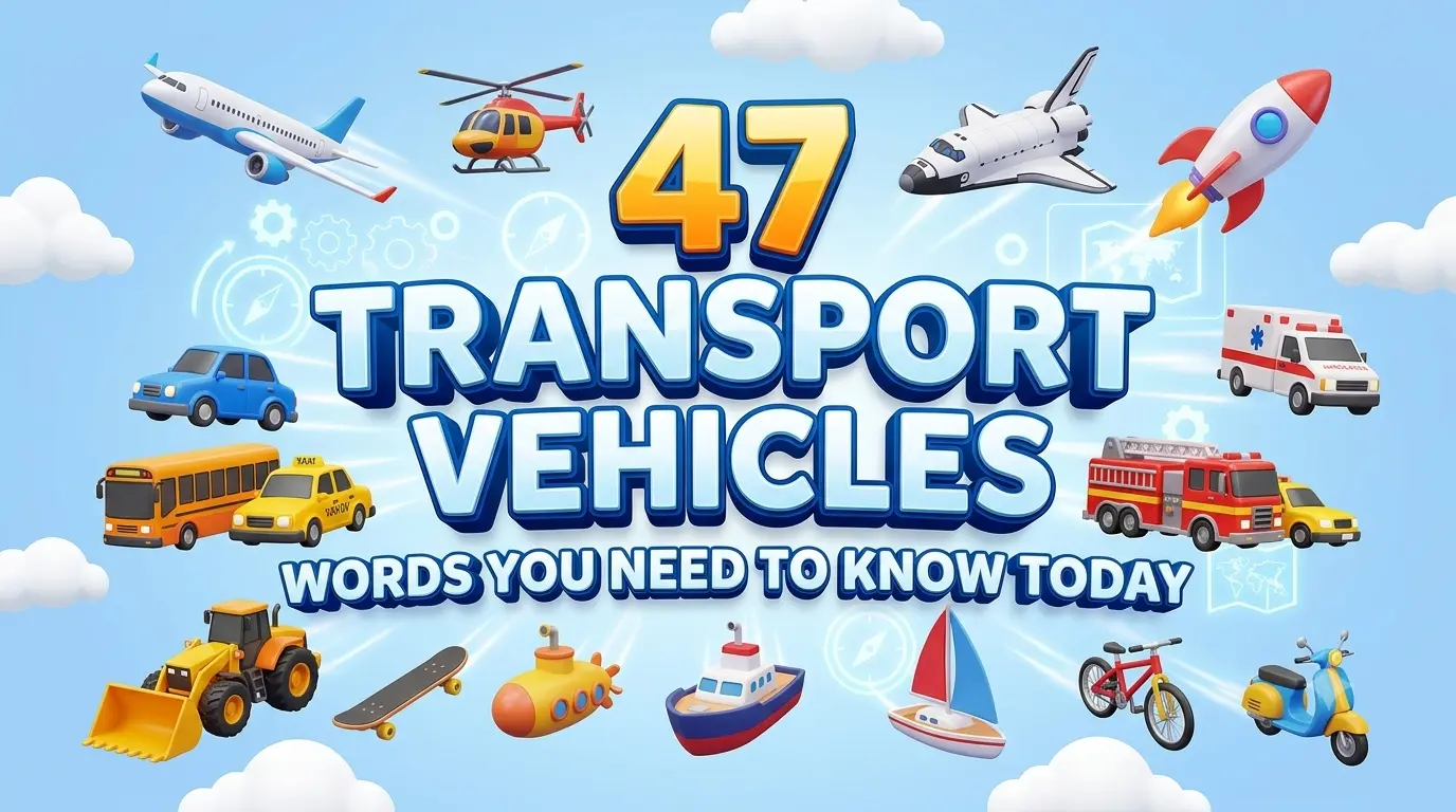 Infographic showing 47 transport vehicles including a car, bus, airplane, and submarine arranged in a colorful grid.