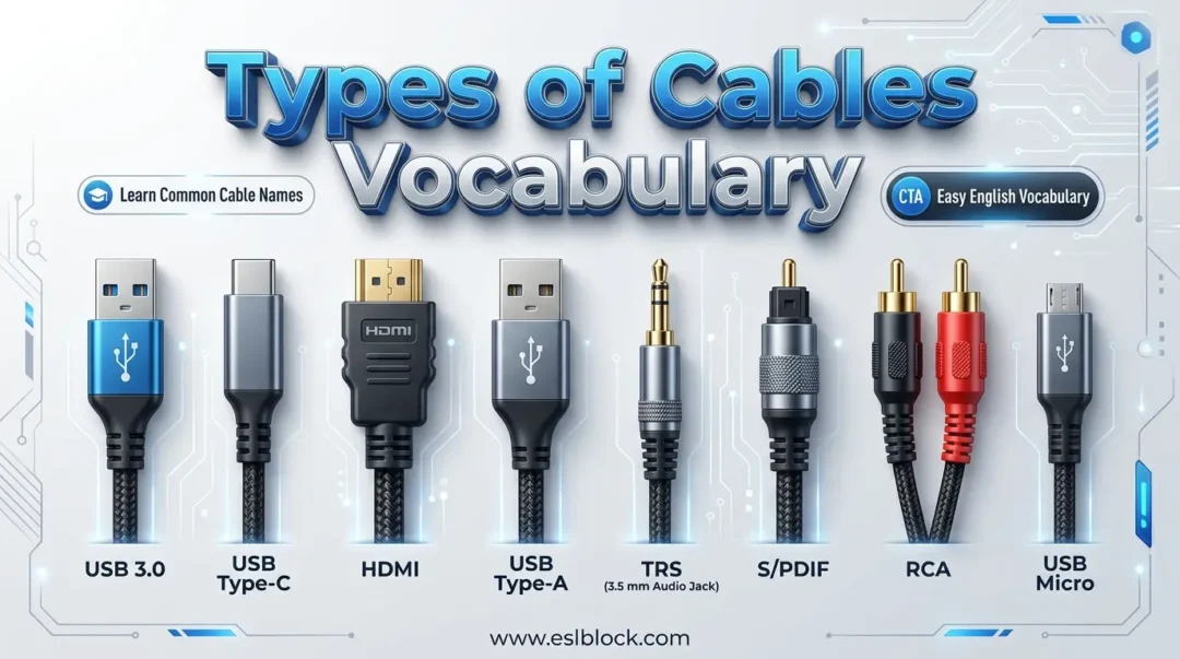 Infographic of Types of Cables Vocabulary featuring USB 3.0, USB Type C, HDMI, USB Type A, and RCA cables.