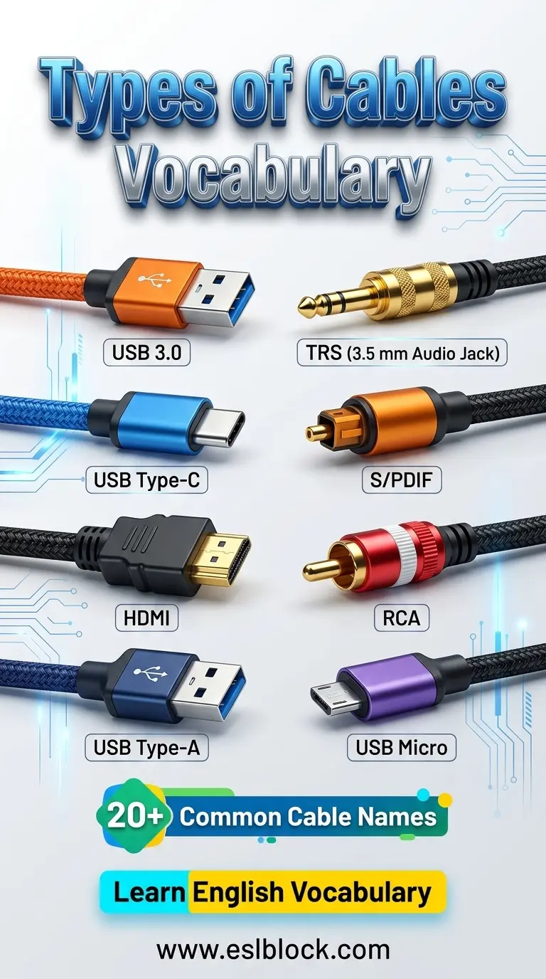 Types of Cables Vocabulary infographic with USB Type C, HDMI, USB 3.0, RCA, and USB Micro cable names.
