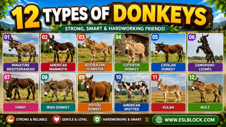 Infographic showing Miniature Mediterranean, American Mammoth, Poitou Donkey, Catalan Donkey, and American Spotted donkey.