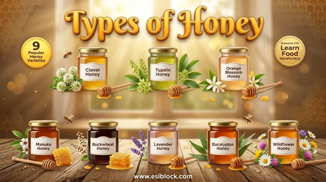 Infographic showing Types of Honey including Clover Honey, Acacia Honey, Manuka Honey, Buckwheat Honey, and Wildflower Honey.