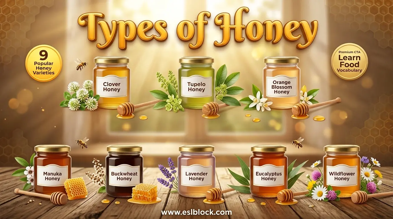 Infographic showing Types of Honey including Clover Honey, Acacia Honey, Manuka Honey, Buckwheat Honey, and Wildflower Honey.
