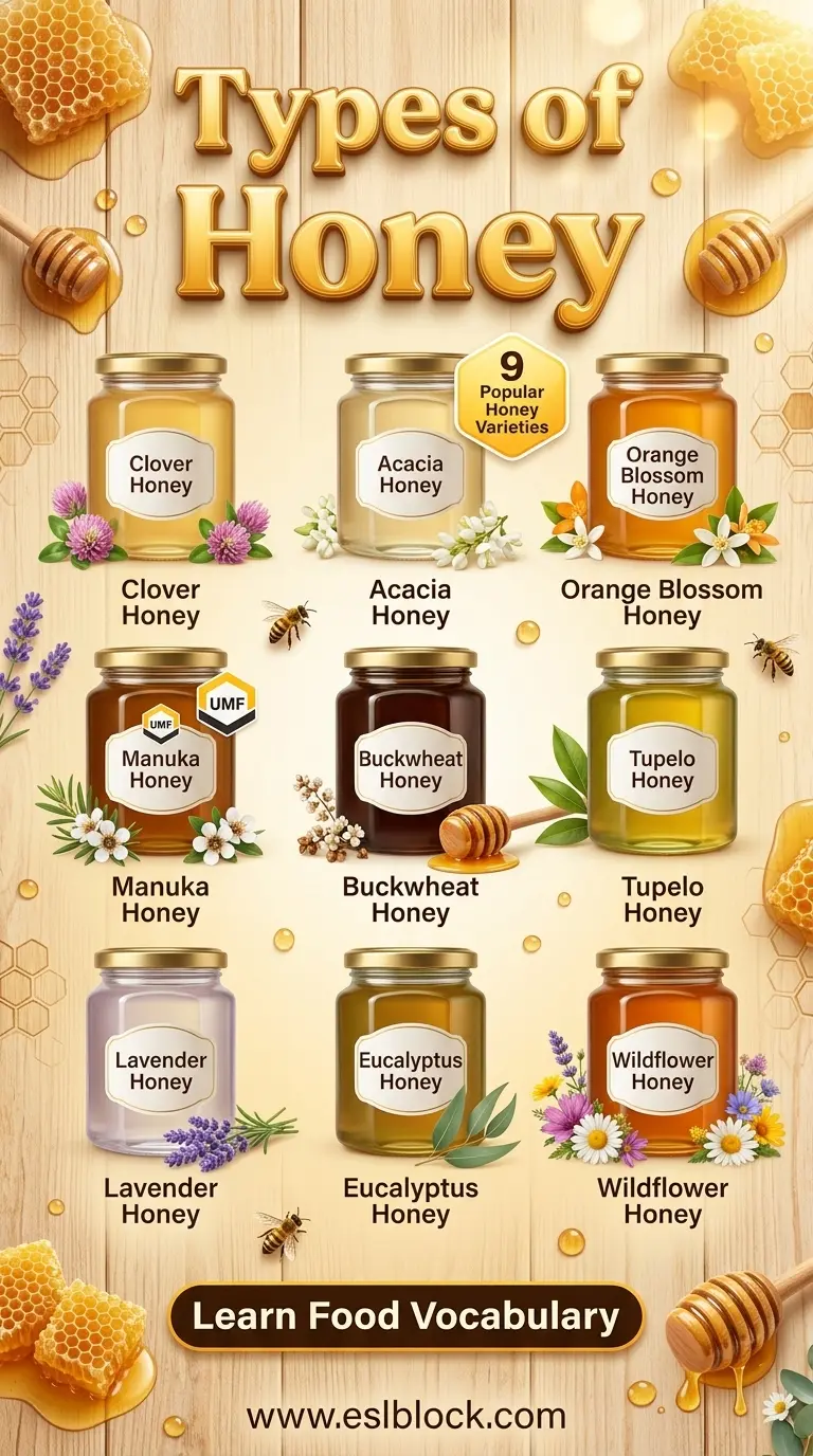 Types of Honey infographic featuring Clover Honey, Acacia Honey, Orange Blossom Honey, Manuka Honey, and Wildflower Honey.