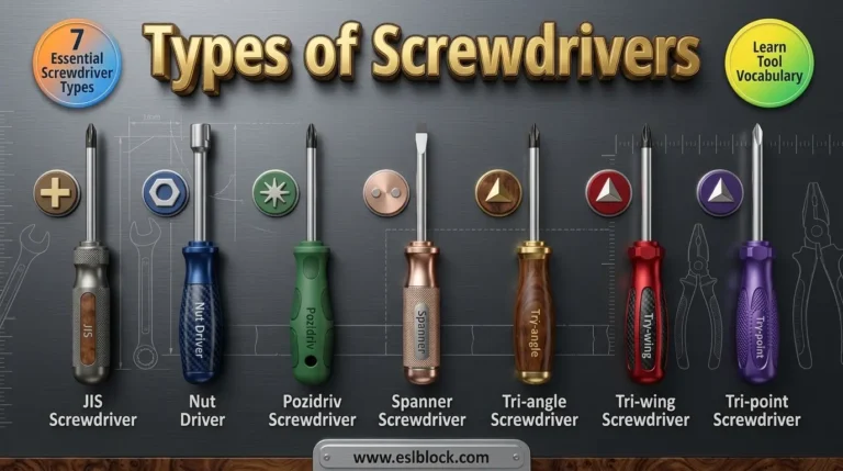 Infographic showing Types of Screwdrivers including JIS, Pozidriv, Spanner, Tri-wing, and Tri-point screwdrivers.