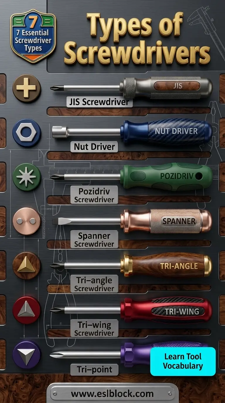 Types of Screwdrivers infographic featuring JIS, Pozidriv, Spanner, Tri-angle, Tri-wing, and Tri-point screwdrivers.
