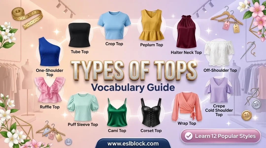 Infographic showing types of tops vocabulary including Tube Top, Crop Top, Wrap Top, Corset Top, and Off-Shoulder Top.