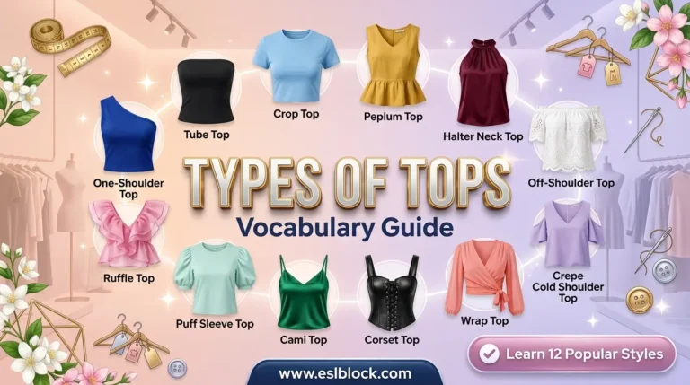 Infographic showing types of tops vocabulary including Tube Top, Crop Top, Wrap Top, Corset Top, and Off-Shoulder Top.