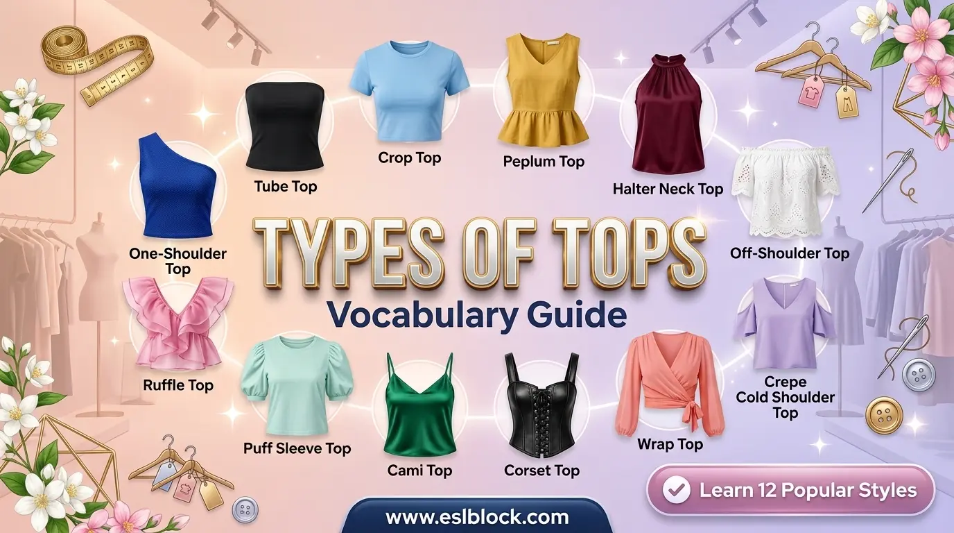 Infographic showing types of tops vocabulary including Tube Top, Crop Top, Wrap Top, Corset Top, and Off-Shoulder Top.