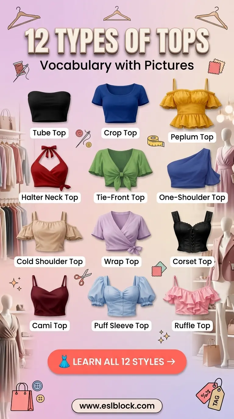 Types of Tops Vocabulary chart with 12 fashionable tops, simple English names, and colorful clothing illustrations.