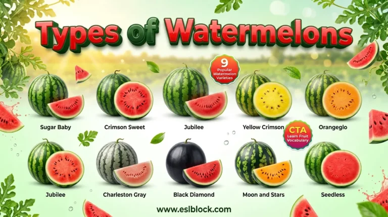 Infographic showing Types of Watermelons including Sugar Baby, Crimson Sweet, Yellow Crimson, Jubilee, and Seedless.