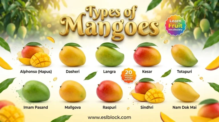Infographic showing Types of Mangoes including Alphonso, Dasheri, Kesar, Langra, and Nam Dok Mai.