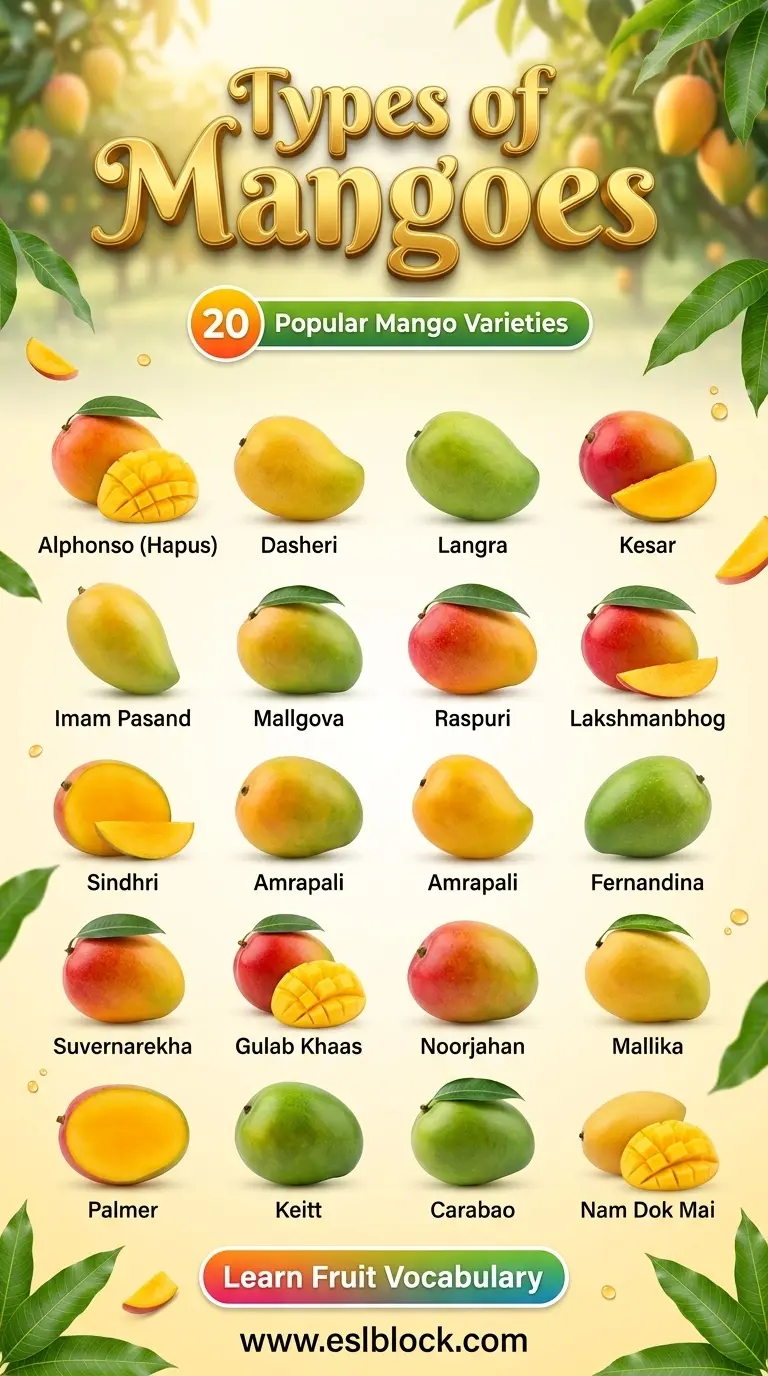 Types of Mangoes infographic featuring Alphonso, Dasheri, Kesar, Langra, Sindhri, and Nam Dok Mai.