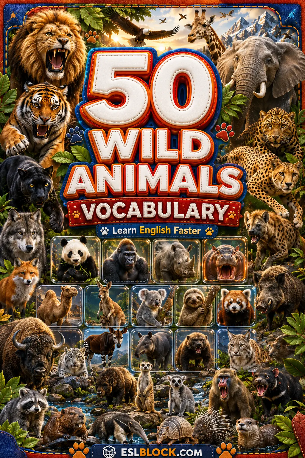 A visual reference chart highlighting 50 common wild animals for English vocabulary learners.